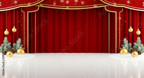 Christmas Stage Backdrop with Red Curtains and Gold Ornaments