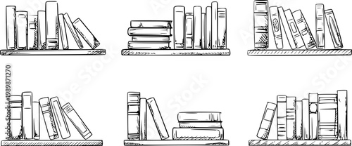Hand-drawn bookcase sections with various book arrangements white background books