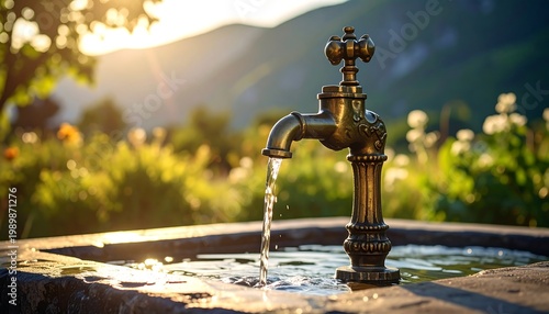 A vintage brass faucet flows water into a stone basin, with a blurred natural backdrop. Sunlit scene set in nature