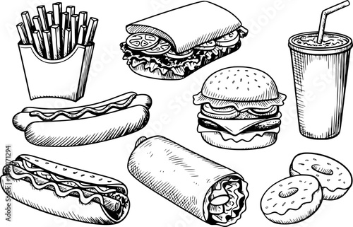 Hand-drawn collection of fast food burgers, hot dogs, fries, burrito, donut, and drink