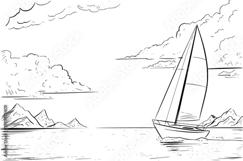 Hand-drawn of a sailboat navigating calm waters near mountainous islands under a cloudy sky