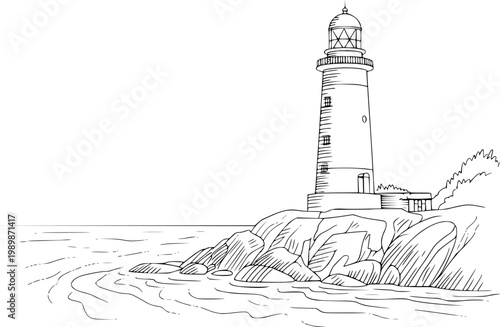 Hand-drawn of a tall lighthouse standing rocky shore with ocean waves water