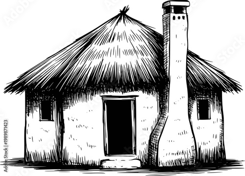 Hand-drawn of a thatched roof hut with chimney white background