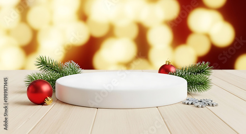 Christmas Holiday White Podium with Pine Branches and Ornaments