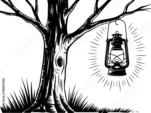 Vintage kerosene lantern hanging from a bare tree branch with radiating light white background