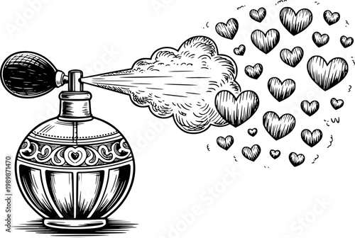 Vintage perfume bottle spraying hearts and mist in black and white style