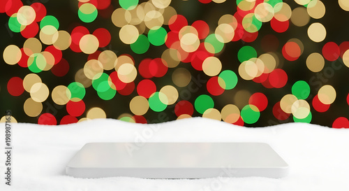 Christmas Background with White Platform and Colorful Lights