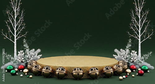 Christmas Stage with Gold Bells and Ornaments