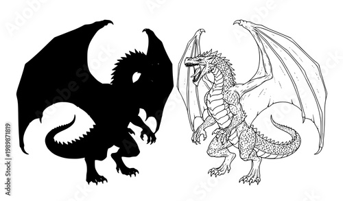 Roaring Dragon Illustration Gray Shaded and Outline Version Fantasy Vector