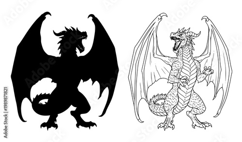 Ferocious Dragon Gray and Outline Vector Illustration Roaring Fantasy Creature