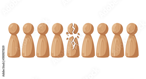 A single shattered wooden peg figure stands out among a row of intact identical characters against a clean white background under soft studio lighting.