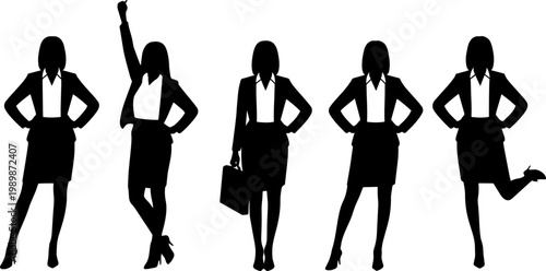 Group of businesswomen silhouettes in different poses celebrating success and professional achievement
