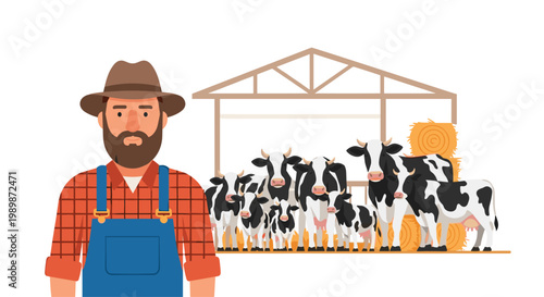 A bearded farmer dressed in a red plaid shirt and blue denim overalls stands confidently before a large herd of many black and white spotted dairy cows.