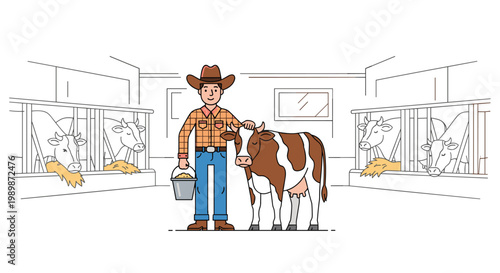 A friendly farmer wearing a traditional cowboy hat and plaid shirt stands beside a brown and white cow inside a clean and modern livestock facility.