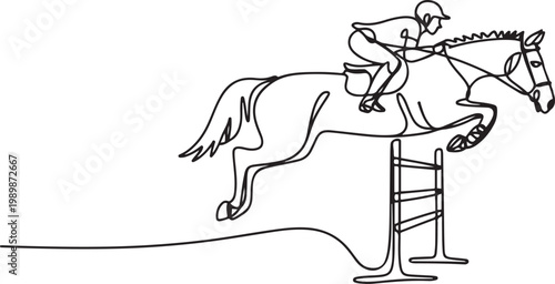 Continuous line drawing of man riding horse as they jump over a hurdle, depicting the dynamic action. one line Icon drawing