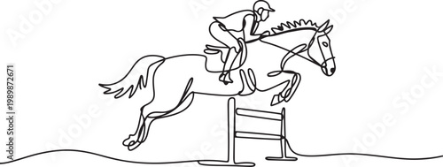 Continuous line drawing of man riding horse as they jump over a hurdle, depicting the dynamic action. one line Icon drawing