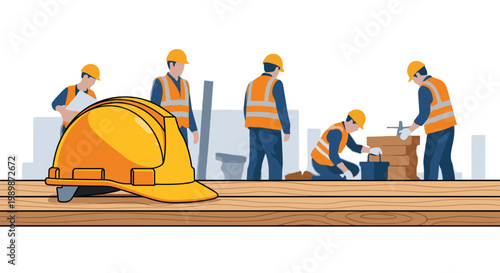 A vibrant yellow protective hard hat rests on a textured wooden surface while professional construction workers perform various tasks in a blurred background.