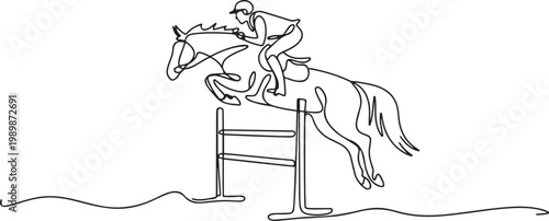 Continuous line drawing of man riding horse as they jump over a hurdle, depicting the dynamic action. one line Icon drawing