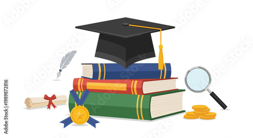 A prestigious gold medal and a stack of shimmering coins accompany academic books and a graduation cap on a clean white surface with a grey quill pen.