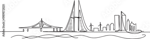 one line drawing city skyline of Bahrain theme, island nation concept with Manama landmarks bridge and towers. one line Icon drawing