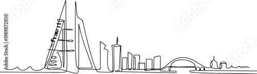 one line drawing city skyline of Bahrain theme, island nation concept with Manama landmarks bridge and towers. one line Icon drawing