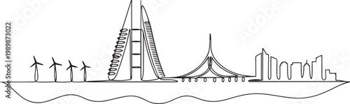 one line drawing city skyline of Bahrain theme, island nation concept with Manama landmarks bridge and towers. one line Icon drawing