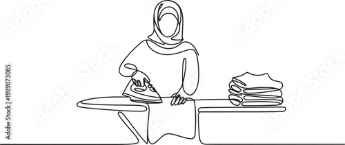 Continuous line illustration of a woman in hijab ironing clothes with folded laundry on the side. One line drawing style showing housework. one line Icon drawing