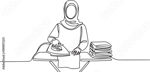 Continuous line illustration of a woman in hijab ironing clothes with folded laundry on the side. One line drawing style showing housework. one line Icon drawing