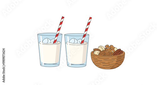 Refreshing glasses of cold milk with ice and red striped straws are served alongside a rustic wooden bowl filled with healthy assorted mixed nuts.