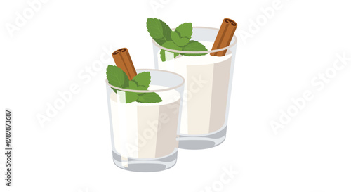 Elegant glasses of creamy white horchata are garnished with vibrant green mint sprigs and aromatic brown cinnamon sticks against a soft neutral backdrop.