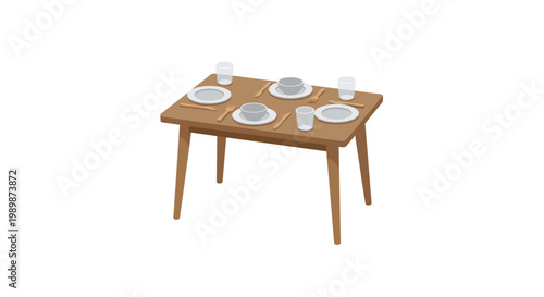 A sturdy wooden dining table is meticulously prepared with four complete place settings featuring grey bowls and white plates in a bright domestic setting.