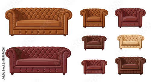 A comprehensive collection of classic Chesterfield furniture featuring two large sofas and six matching armchairs is displayed in various rich leather tones.