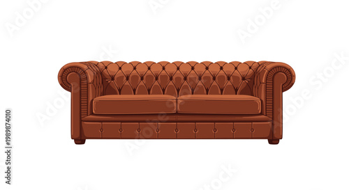 A single large brown leather Chesterfield sofa featuring deep button tufting and elegant rolled arms is centered perfectly against a clean white background.