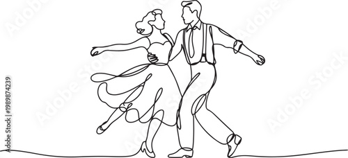 Continuous one line drawing man and woman in retro vintage clothes dancing lindy hop and holding hands. Performance full of dedication. one line Icon drawing