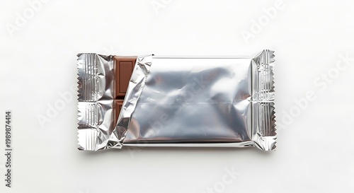 A single wrapped chocolate bar resting on a plain surface with shiny foil packaging.