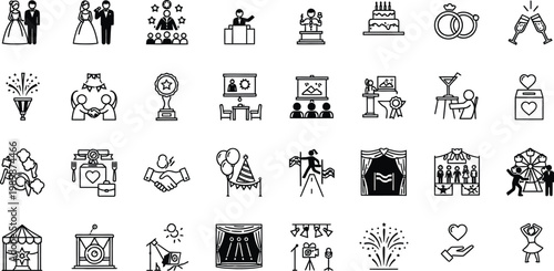 Collection of black and white line art icons representing various objects