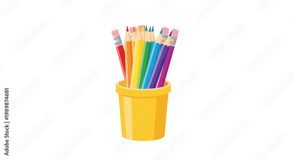 Fototapeta premium A bright yellow plastic cup holds a collection of sharpened colored pencils arranged in a rainbow spectrum from red to purple on a white surface.