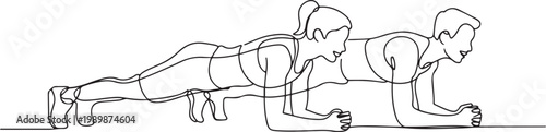Continuous one line drawing young couple do plank workout exercise body weight lifting. Strong. Exercise. Fitness. Healthy life. one line Icon drawing