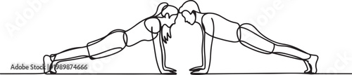 Continuous one line drawing young couple do plank workout exercise body weight lifting. Strong. Exercise. Fitness. Healthy life. one line Icon drawing