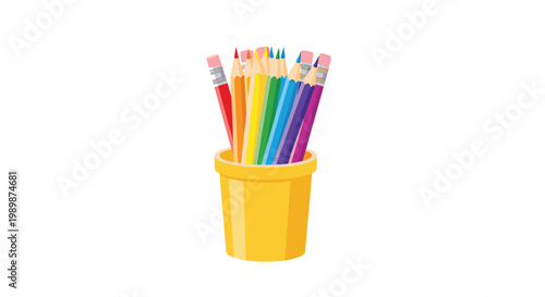 A bright yellow plastic cup holds a collection of sharpened colored pencils arranged in a rainbow spectrum from red to purple on a white surface.