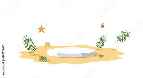 A low white cylindrical pedestal sits on a patch of sand, accented by floating palm fronds, a starfish, and a shell against a clean white backdrop.