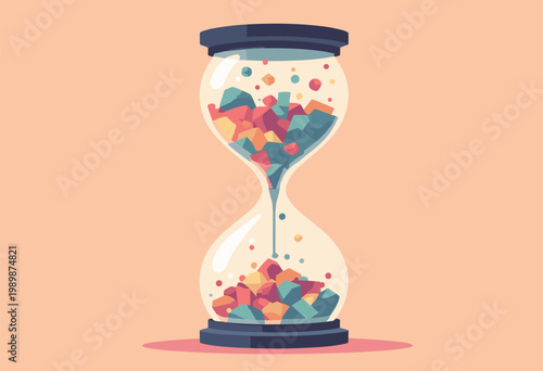 flat illustration hourglass top bulb is filled chaotic, jagged shapes, while bottom bulb perfectly sorts them into neat, organized geometric stacks Time Management concept No text