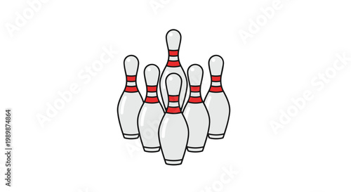 Seven white bowling pins with distinctive red stripes are arranged in a classic triangular formation against a plain white background in flat style.