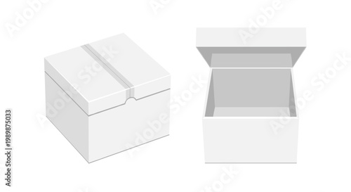 Two immaculate white square gift boxes are presented in a clean studio setting with one lid securely closed and the other invitingly open for inspection.