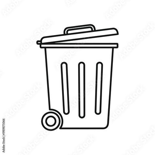 Simple black and white line drawing of a trash can with a lid
