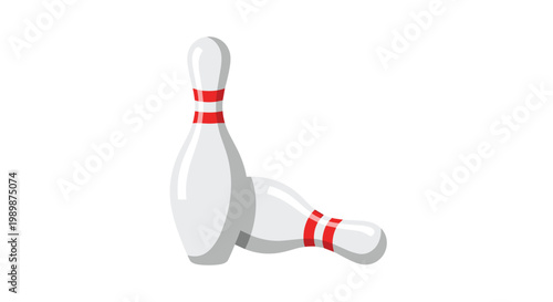 A pristine standing bowling pin and a fallen companion featuring vibrant red stripes rest upon a minimalist white surface under soft and even studio lighting.