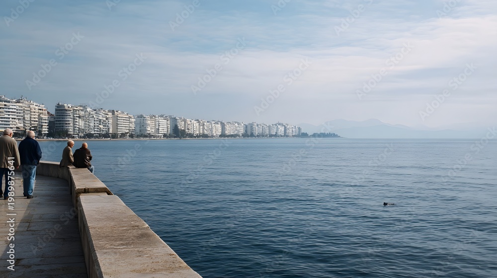 Obraz premium People walking along a waterfront promenade with a distant view of a large urban cityscape along the coast