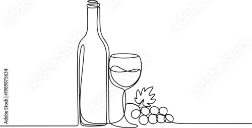 Minimalist continuous line wine bottle glass and grapes still life elegant beverage composition abstract single line drawing modern outline illustration