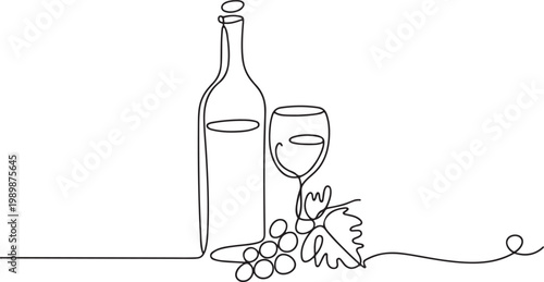 Minimalist continuous line wine bottle glass and grapes still life elegant drink composition abstract single line drawing modern outline illustration