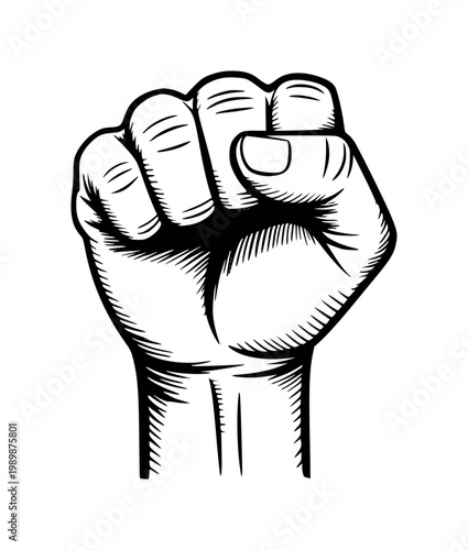 Black and white of a raised fist symbolizing power and solidarity protest
